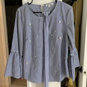 Blue and white stripes womens top ladies blouse size L with pearls and belt